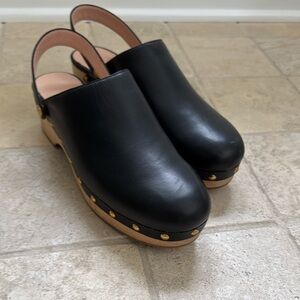 J Crew Black Leather Women's Wooden Clogs